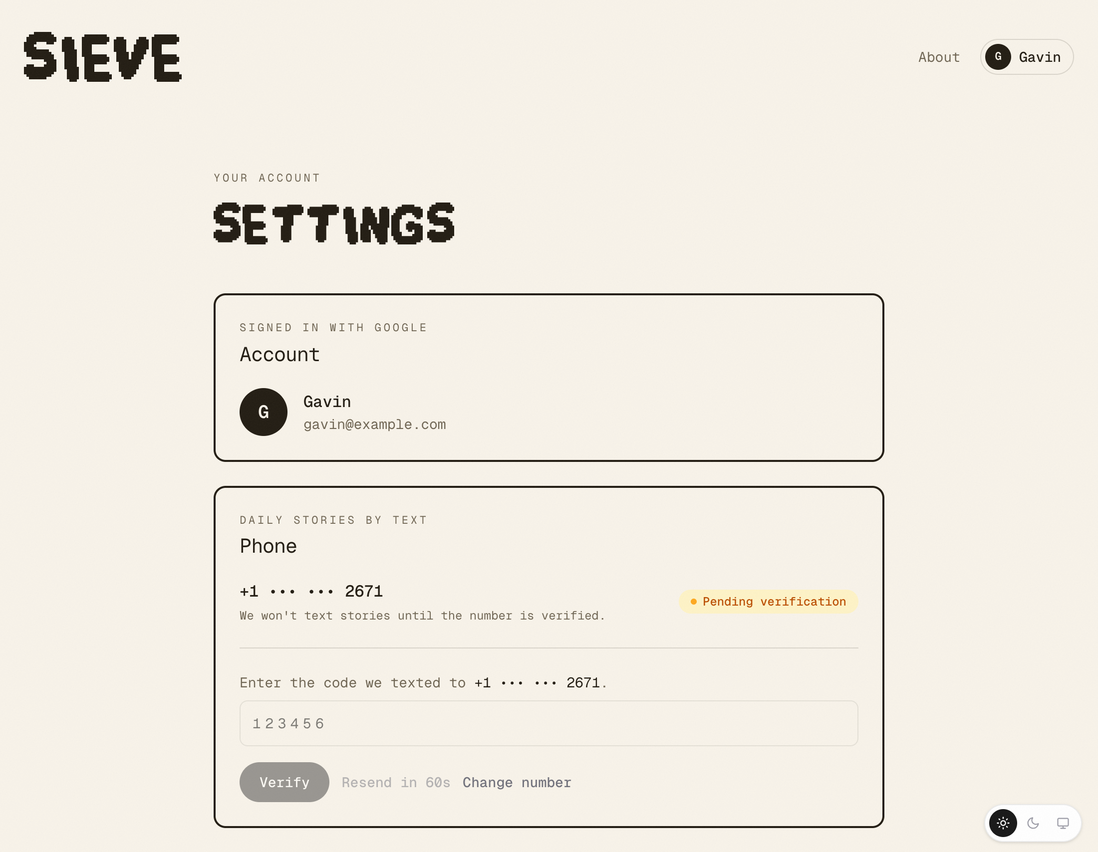sieve Settings, Phone section: the number shown masked with a Pending verification badge, a field to enter the code we texted, Verify, Resend and Change number buttons.