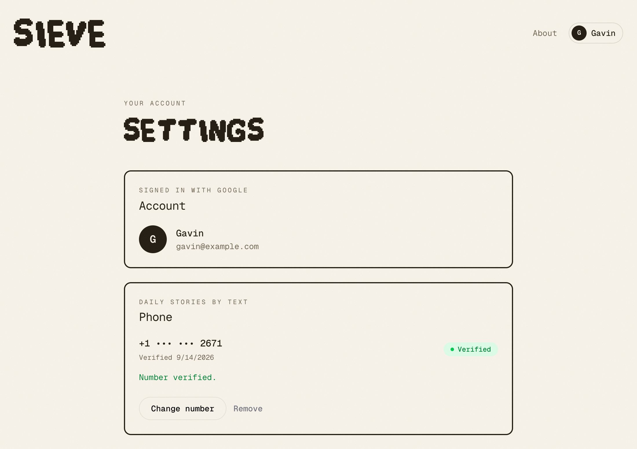 sieve Settings, Phone section: the masked number with a Verified badge, the date verified, and Change number and Remove buttons.